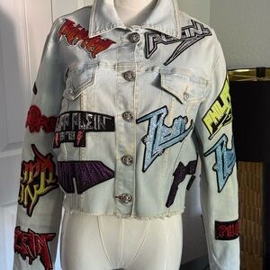 Philipp Plein Couture denim jacket Label with colorful crystal patches